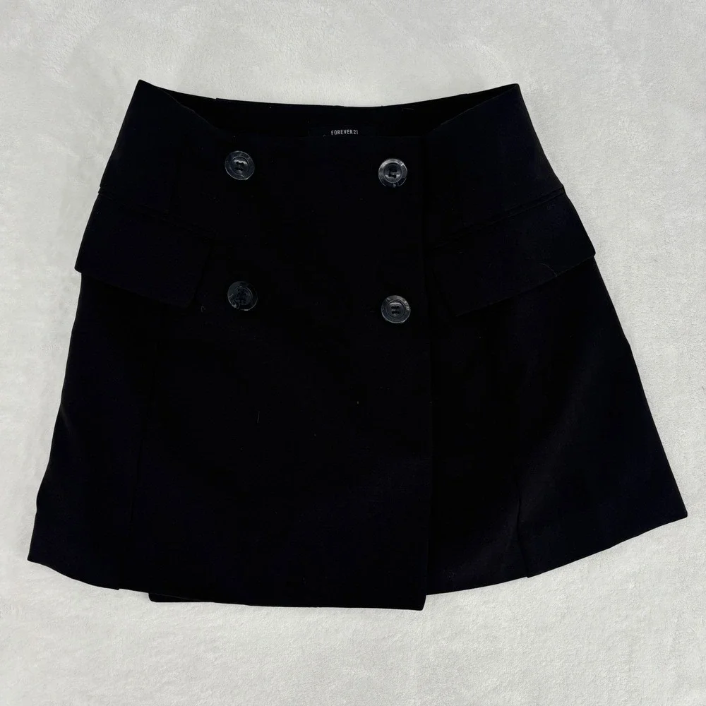 Forever 21 Double Breasted Mini Skirt Womens S Black Preppy Career Flap‎ Pocket